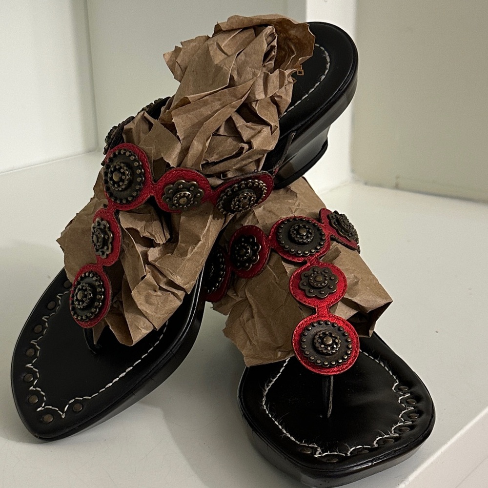 Donald J. Pliner Leather Brass Medallion Sandals